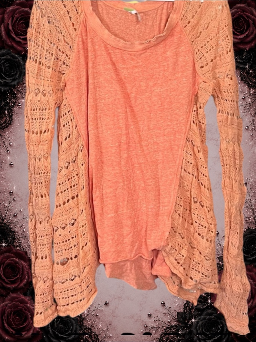 Preowned Free People Lace Women's Sleeve Boho Tunic Top Coral Peach Size L
